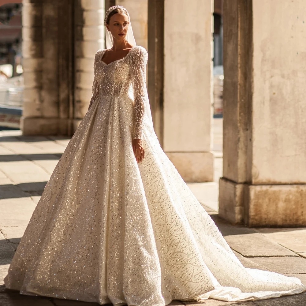 Elegant A e Women Wedding Sweetheart Neck Long Sleeves Bridal Gowns Sequins Lace Sweep Train Dress Custom Made