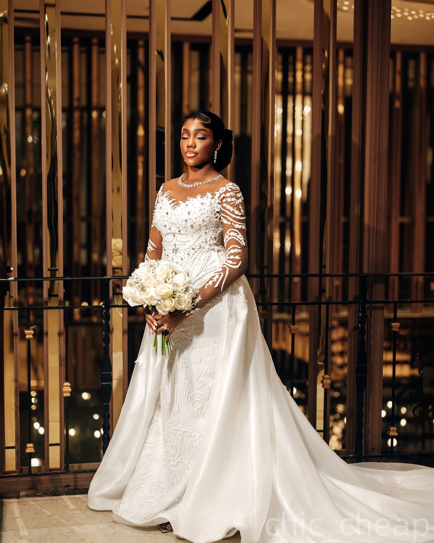 2025 Arabic Aso Ebi Plus Size Ivory Wedding Dress Lace Crystals Sheer Neck Sequined Lace Detachable Train Bridal Gowns Dresses ZJ059
