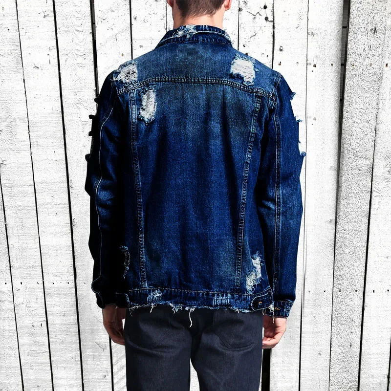 Street Fashion Ripped Denim Jacket Mens Classic Vintage Denim Jacket Fall Winter Worn Torn Denim Jacket Hip-hop Skateboarding 250225