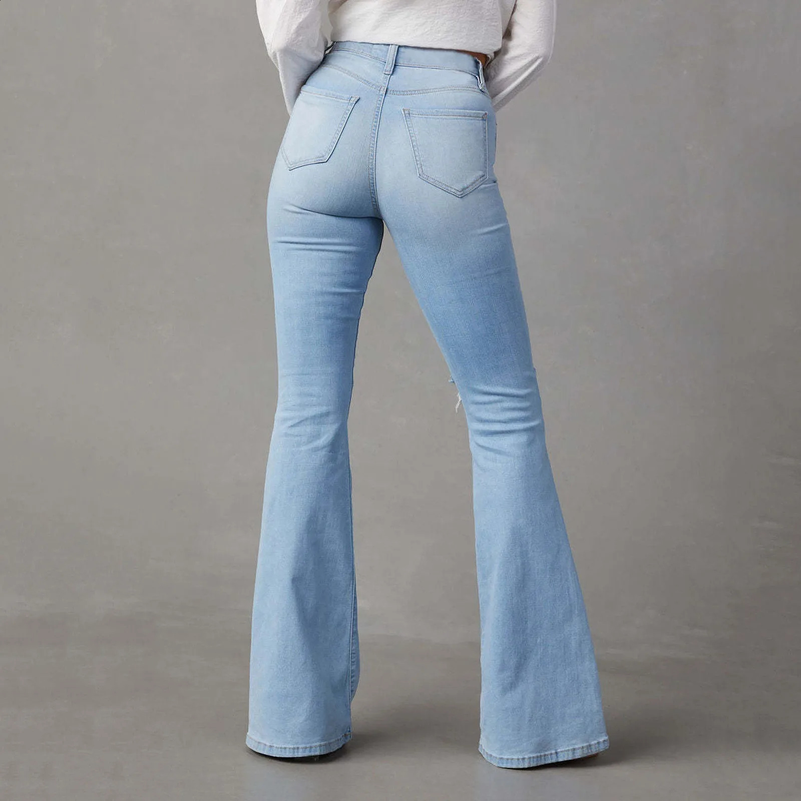 Womens open top French jeans mid waist wide leg boots denim pants vintage blue Trousers 250228