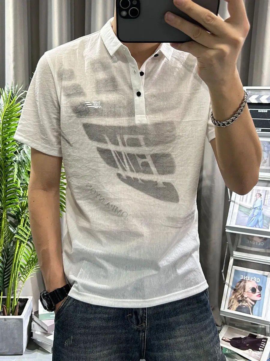 Trendy printed lapel cotton linen short-sleeved polo shirt mens T-shirt youth thin half-sleeved linen mens half-sleeved 250227