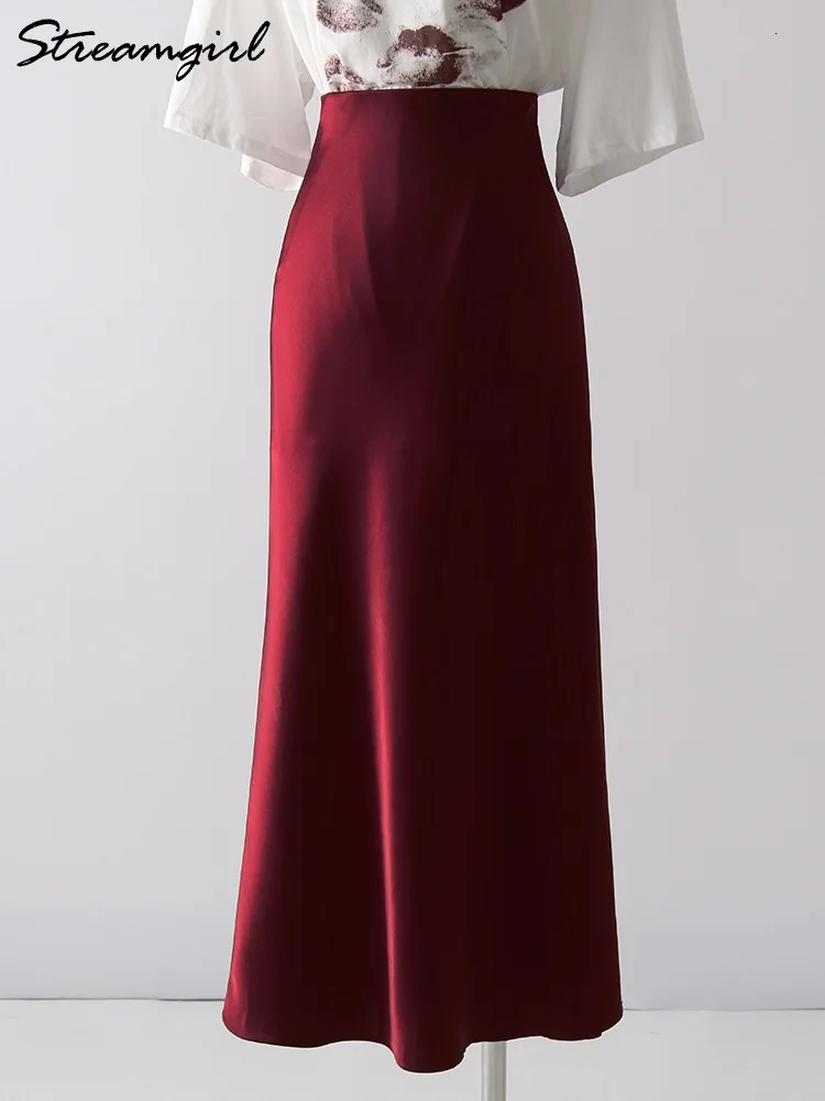 Black Slit Satin Silk Skirt Women Maxi Spring Summer 2025 Elegant A Line Slit Skirt Satin Ladies Office Long Skirts For Women 250227