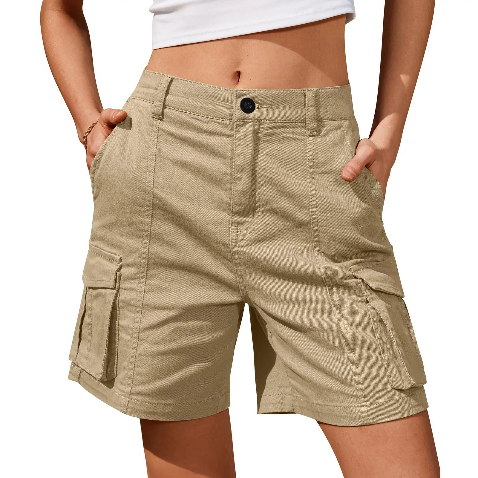 Shorts For Women Cargo Shorts Knee Length Elastic Waist Long Shorts Pants For Summer Casual American Style Streetwear 250227
