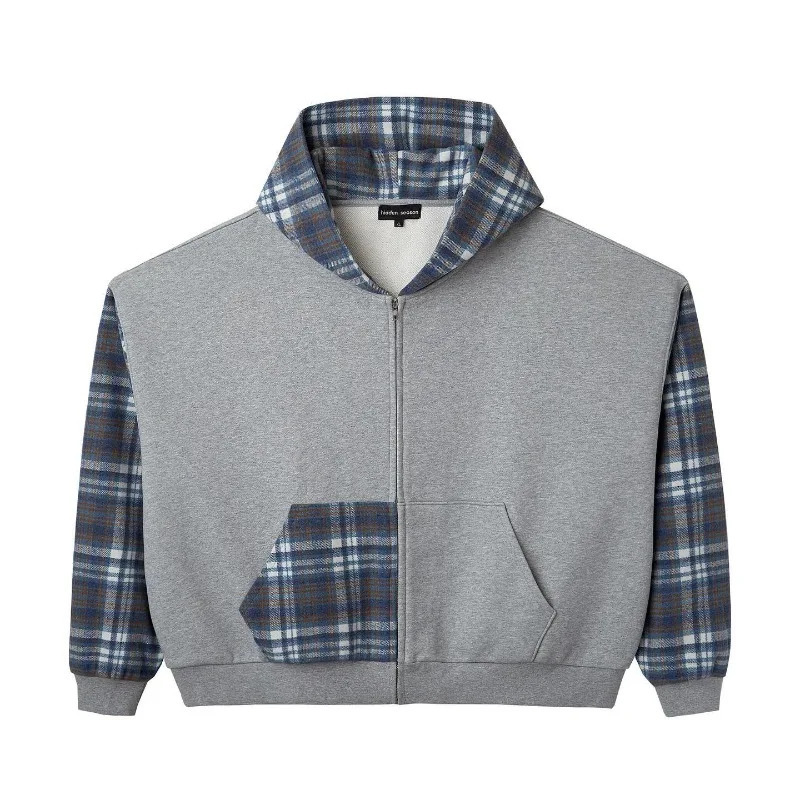 Y2K Plaid Pocket Zip Up Jacket Plaid Pattern Patchwork Hoodie Streetwear Men Women Trendy Vintage Classic Unisex Boxy Sweatshirt 250225