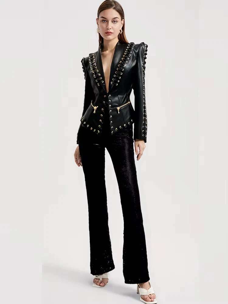 Gold Chain Edge Decoration Grid Faux Leather Cardigan Coat Blazer Black Mini Skirt Outfit Women Short Jacket