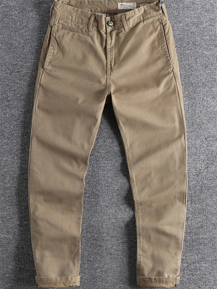 Spring Autumn American Retro Heavyweight Woven Cargo Pants Mens Pure Cotton Washed Slim Straight Tapered Casual Trousers 250228Z
