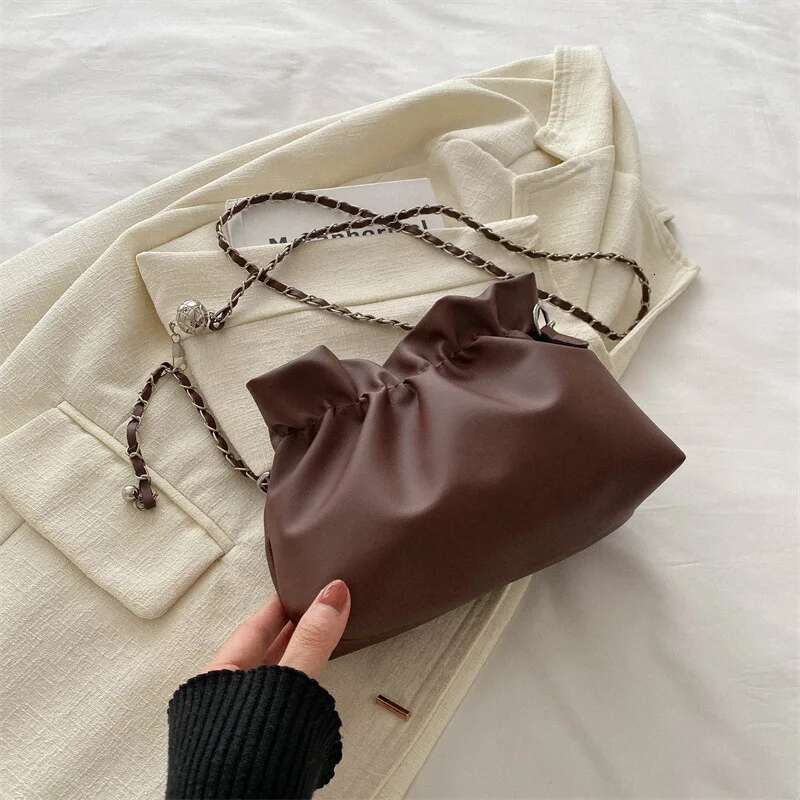 French Crossbody Fashion Shoulder Bucket Pure Colour Leisure Large Capacity Women's Bag Chain Decoration PU Mate