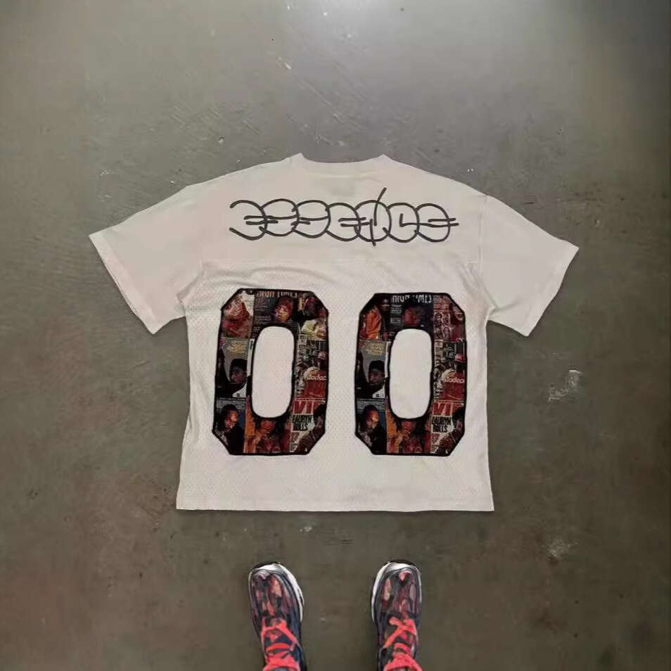 Summer New American Large Digital Character Printed Grid Transparent Loose Top Men's and Women's T-shirts