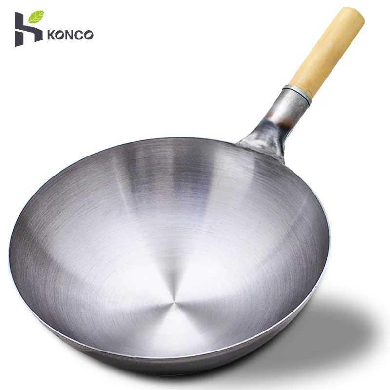 32/34/36cm Iron Wok Chinese Traditional Handmade Large Wok Household Cooking Pot Wooden Handle Wok Kitchen CookwareC250228
