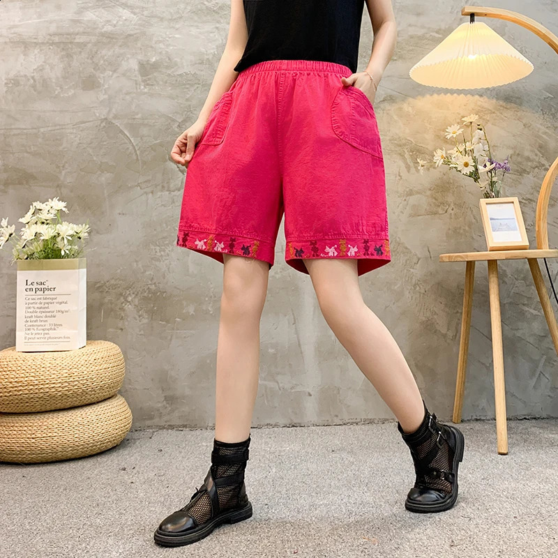 Plus Size Commute Summer Thin Cotton Elastic Pants Solid Spliced Pockets Epaulet Loose Straight Casual High Waist Shorts 250228Z