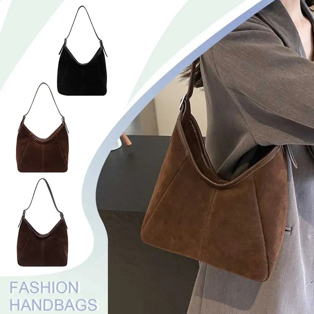 Ship from US Vintage Womens Bag Large Capacity Suede Shoulder Solid Color Simple Casual Retro PU Trendy Hobo Bags Handbags 250227FBB
