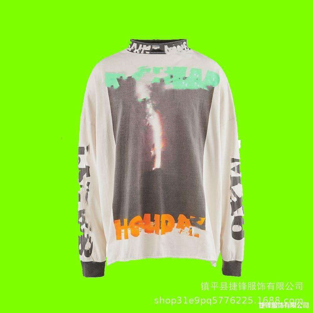 New Hip Hop American Trendy Collar Letter Splicing Men's Women's Long Sleeves Washed and Used Graffiti Loose Round Neck