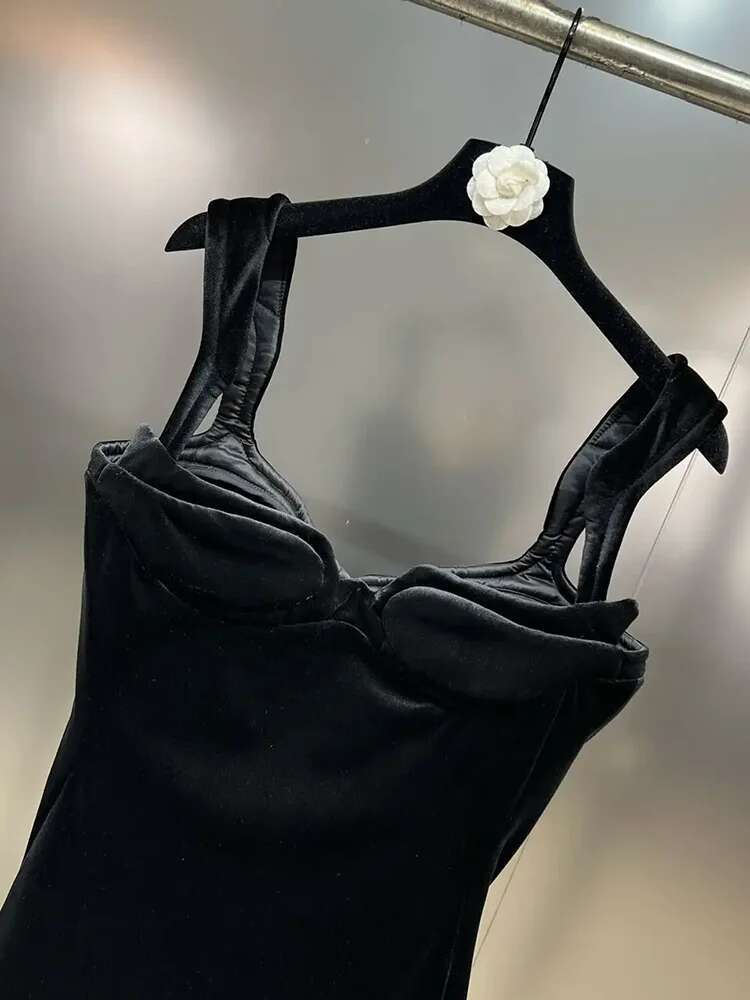DEAT 2025 Spring Fashion Square Collar Dress Women's Sleeveless Veet Solid Color Zipper Split Dresses Female New 11Xx8165