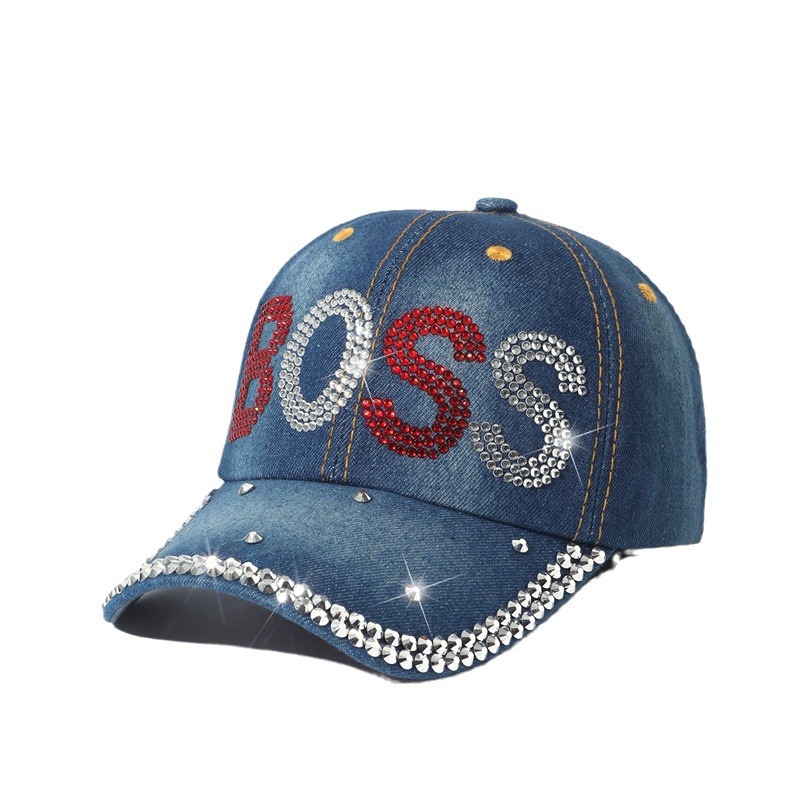 Soft top cowboy baseball cap female ins tide ladies fashion sunscreen rhinestone duck tongue hat summer hundred with sunshade hat