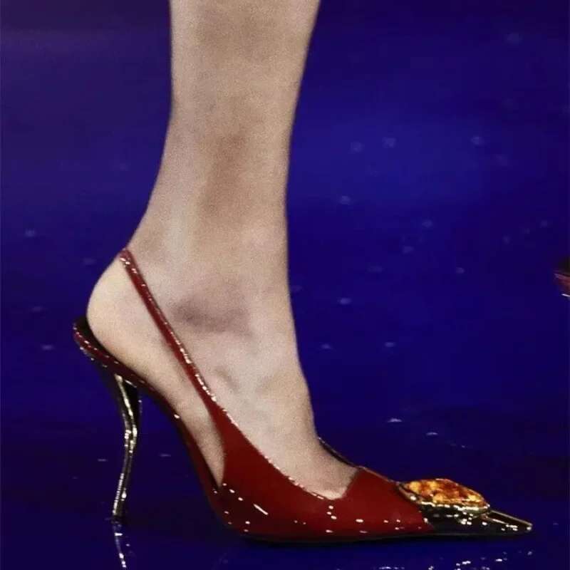 Women's Fashion Baotou Sandals Spring New Metal Pointed Head Shallow Mouth e with Non-slip High Heels