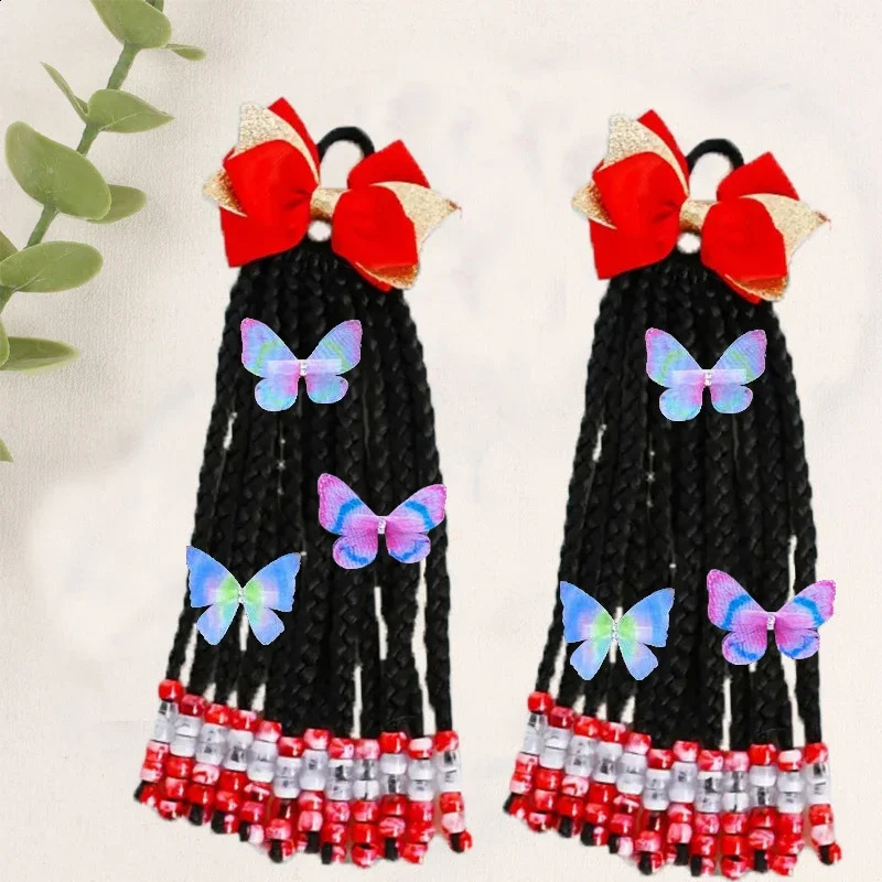 Kids Hair Accessories For Girls Kids Braided Ponytail Extension With Beads Braids Beads Synthetic Crochet Braids Hair 250227