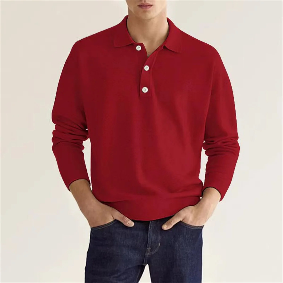 Spring and Autumn Style Mens Business Leisure Office Relaxed Breathable Solid Color Button V-Neck Long-Sleeved Polo Shirt 250227