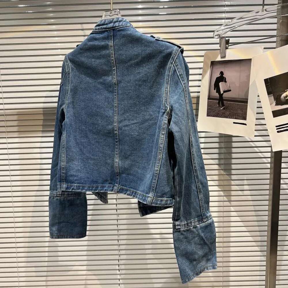 Womens Slim Metal Rib Button Design Denim Top Short Style Fashion Outer Washed Jacket Women's Clothing 2024 Spring Autumn New
