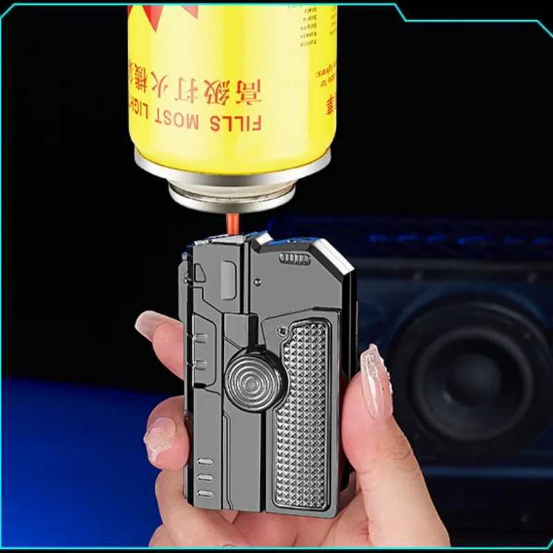 HOT Metal Folding Gun Type Gyroscope Windproof Direct Charge Red Flame Butane Gas Lighter Fun Laser Light Cigar Lighters Smoking Y250228