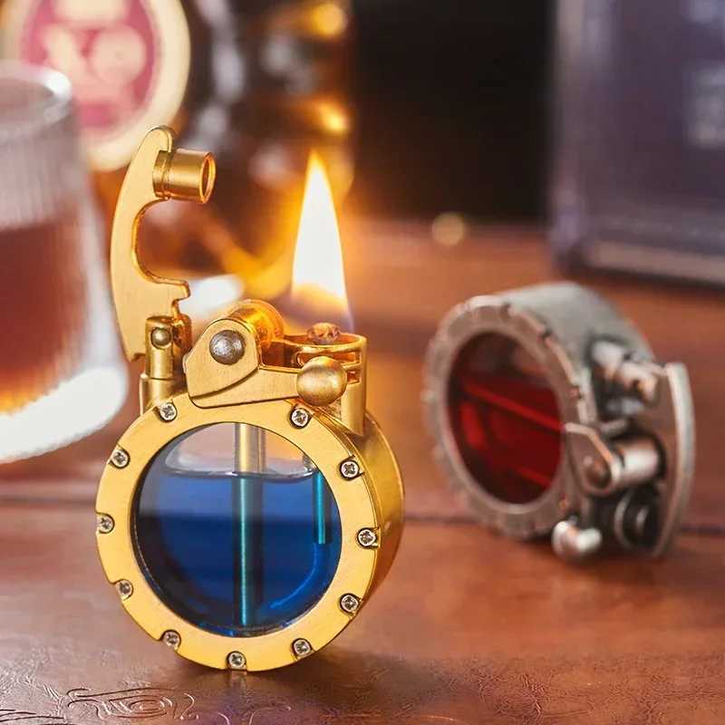 New retro transparent oil tank metal rocker arm Kerosene Lighter Personality windproof cigar Lighter mens series gift Y250228