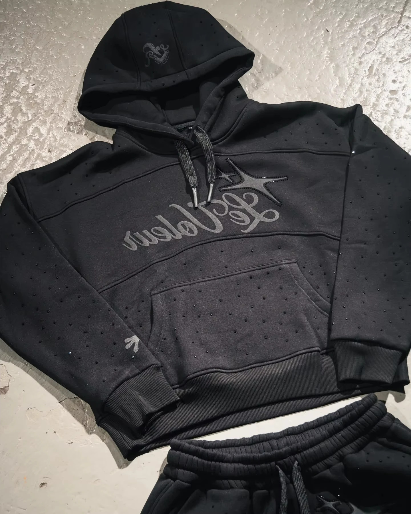 Letters rhinestone sequin hooded sweatshirt twopiece set Y2K mens letter ed casual pants 250228