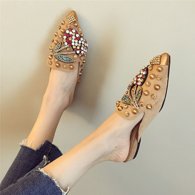 Cherry Rhinestone Pointed Flat Shoes Fashionable Loafers Slippers Beautiful Cherry Pearl Inlaid Flat Sandals For Women Sizes 36-41