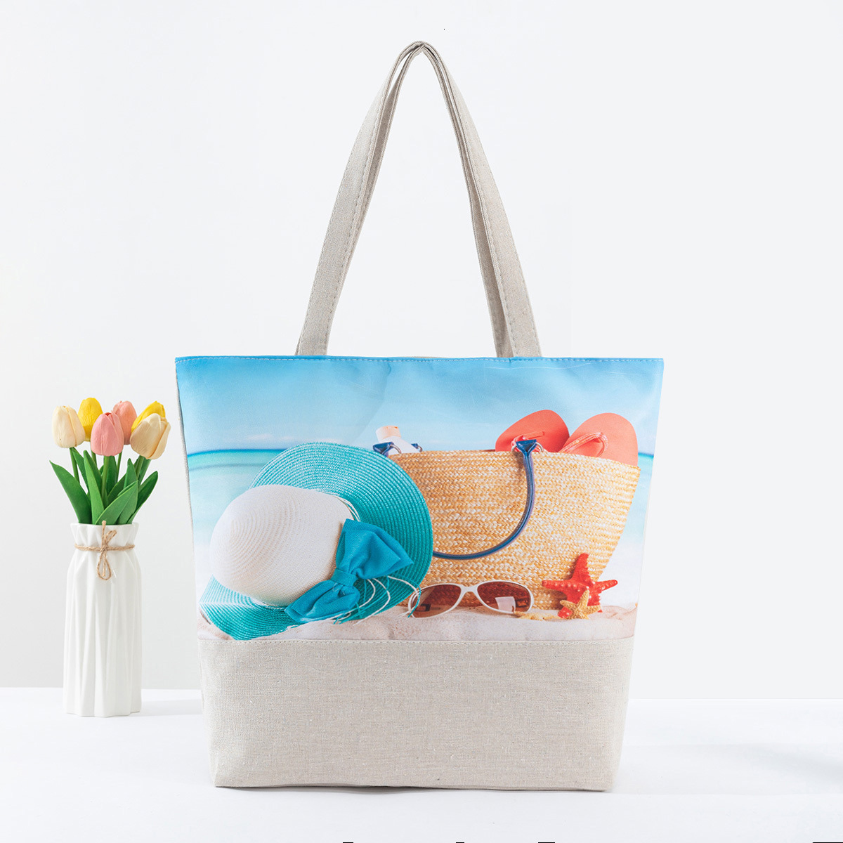 New women's beach large capacity linen digital shoulder bag, single-sided printed handbag #swissmilitary