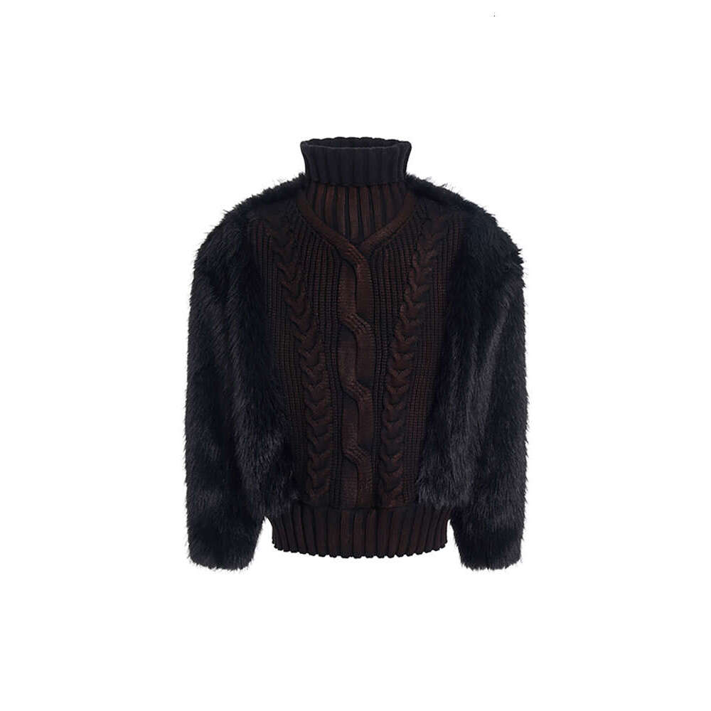 S men's high neck spliced sweater, autumn and winter, thick velvet lining and hand-painted knitted sweater Fur spliced sweater