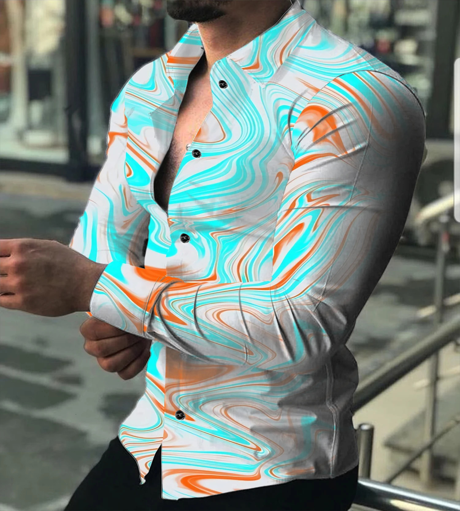 2023 Autumn Fashion Social Mens Shirt Polo Button Casual Western Print Top Prom Cardigan Plus Size M3XL 250226