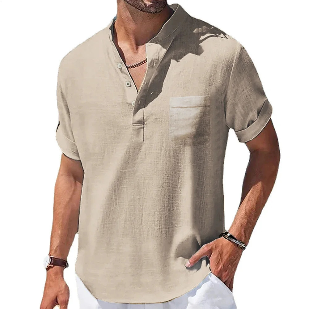 Summer Mens Cotton and Linen Shirts Short-Sleeved T-shirt Henry Collar Casual Mens T-shirts Shirt Male Men Clothing 250224