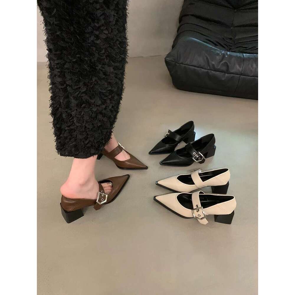 Retro Pointed Mary Jane Small Leather Shoes for Women Autumn and Winter New Korean Version of Chunky Heel Loafers