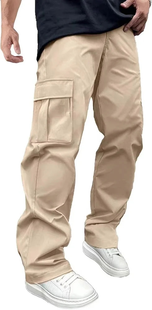 Woven fabric selling solid color casual inventory ordinary mens loose straight pipe work clothes drawstring multiple pockets 250228Z