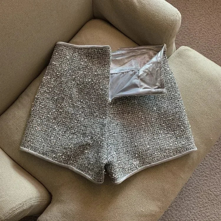 Shorts For Women Sexy High Waist Silver Sequins Short Mujer Y2k Straight Wide Leg Casual Cargo Pantalones Cortos De 250227