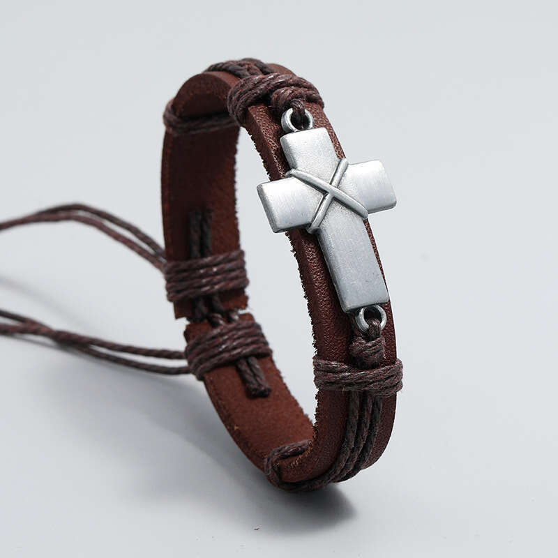 Personalized woven cowhide for jewelry, simple and adjustable cross bracelet with drawstring