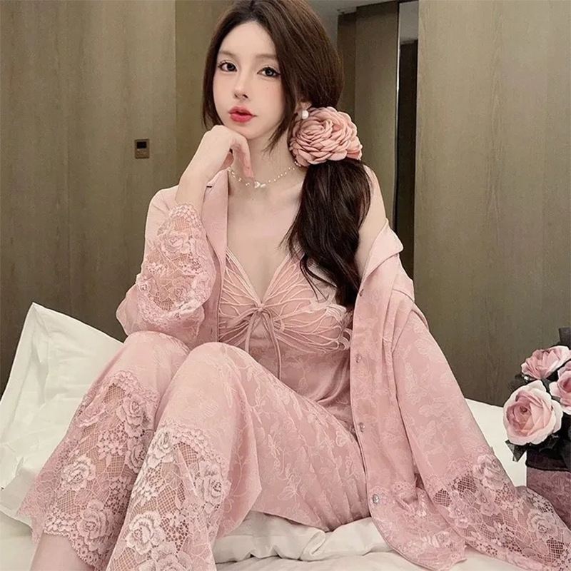 D99 Ice Snow Silk Sexy Spring Lace Pajamas Long Sleeve Spring and Autumn Suspenders Home Clothes