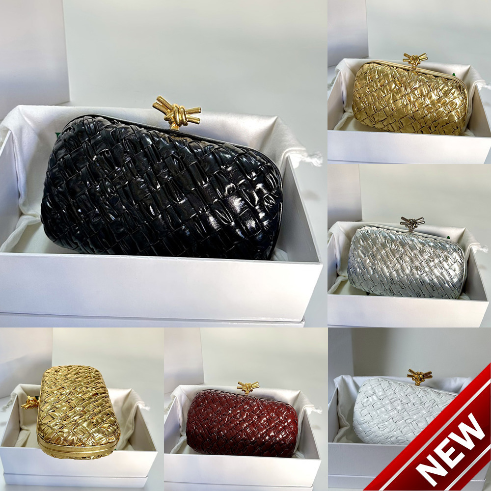 Designer bag evening bags designer women bag intreccio woven clutch bag metal knot snap closure high quality cowhide leather party handbags purse luxury bag gold