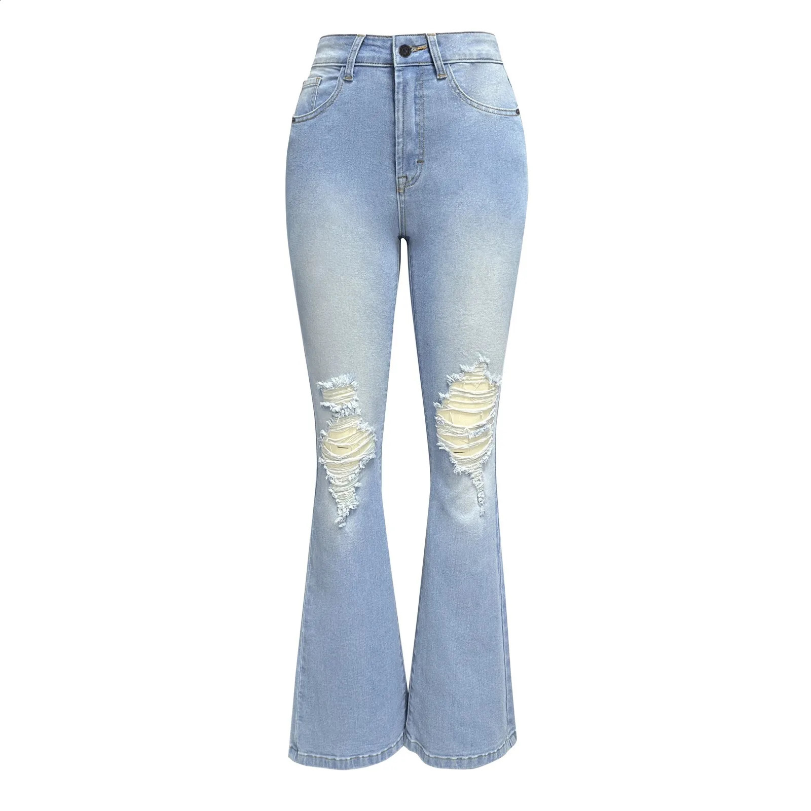 Womens open top French jeans mid waist wide leg boots denim pants vintage blue Trousers 250228