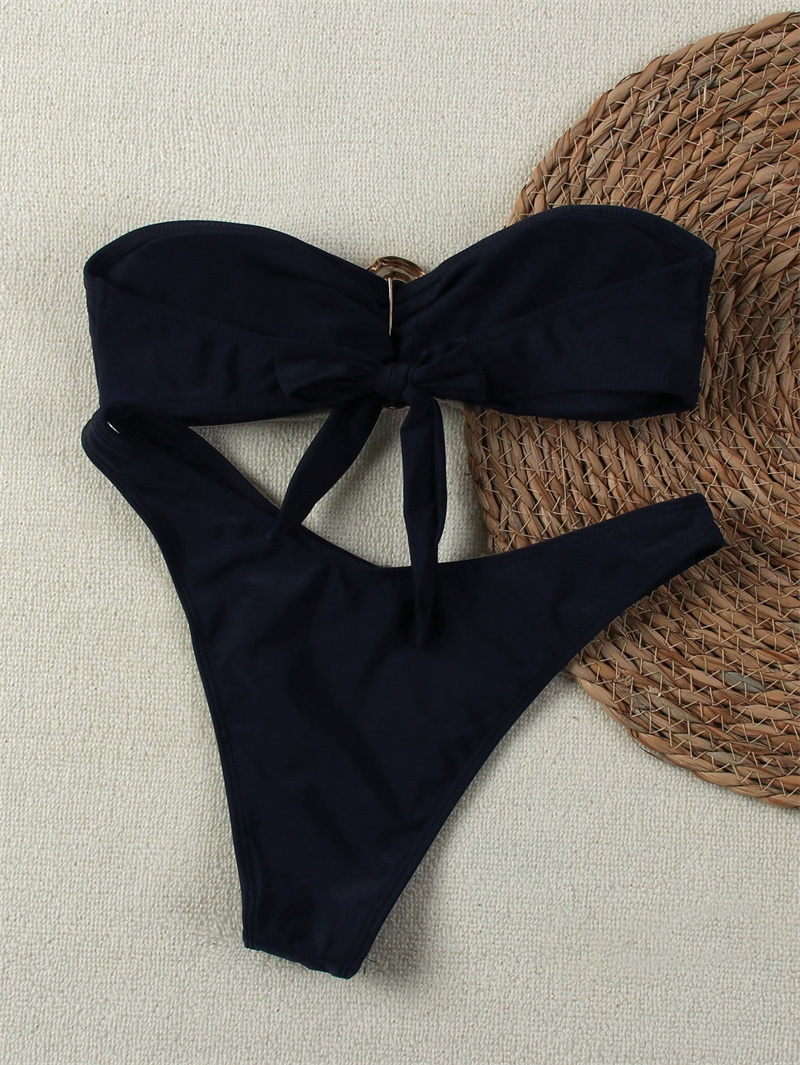 Sexy Solid Color Bandeau Bikini Swimsuit Women's 2 Piece Strapless Swimsuits High Cut Metal Ring Tube Top Bikini Set