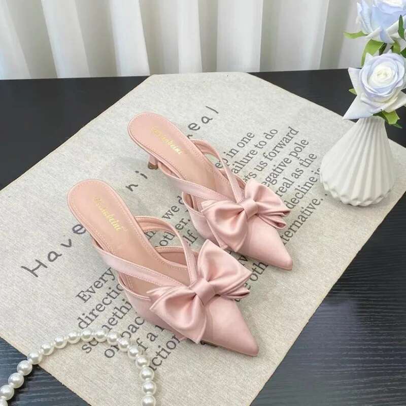 Fairy Style Pink Cool for Summer French Pointed Bow Hollow High Heels, Half Wrapped Women's Slippers