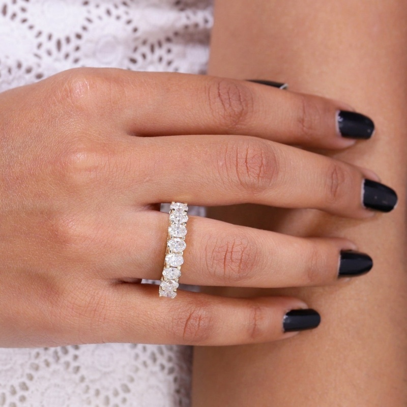 18K Yellow Gold 8 Stones 4.5*3.2mm Oval Cut Lab Diamond Ring Womens Eternity Solid Gold Half Prong Set CVD Diamond Gold Ring For Wedding Anniversary G