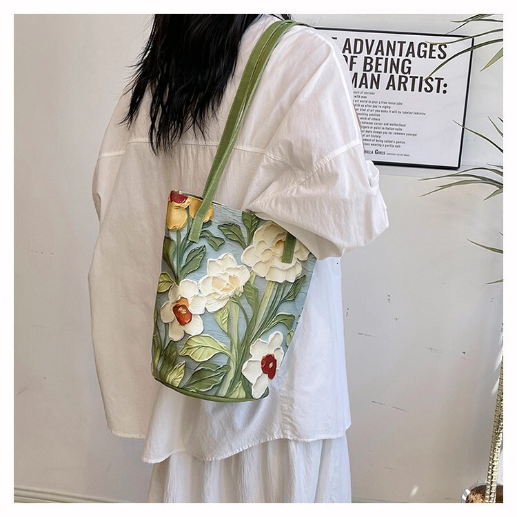 Oil painting flower versatile large capacity high-end shoulder women's three-dimensional bucket bag, summer travel handbag #swissmilitary