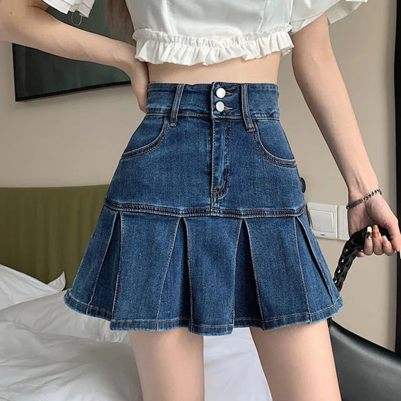 Lucyever Korean Style Pleated Denim Skirt Ladies Fashion High Waist A-Line Mini Skirts Women 2025 Summer Jean Short Skirts 250227