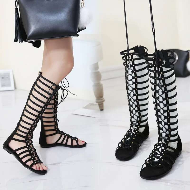 Women Strappy Open toe Knee High Summer Gladiator Flat Sandals Roman Bandage Casual Boots shoeskf65