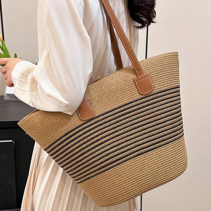 2025Grass bag for women, summer handbag, beach tote large capacity shoulder rattan woven grass bucket bag, trendy #swissmilitary