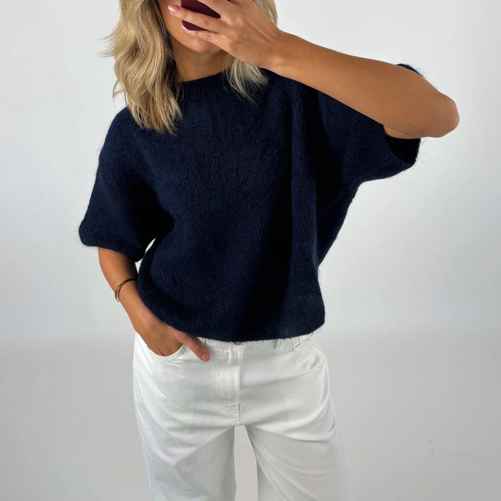 Womens Spring and Autumn Y2K Retro Loose Knitted Sweater Half Sleeve Round Neck Solid Color Casual Cutting Pullover Top 250225