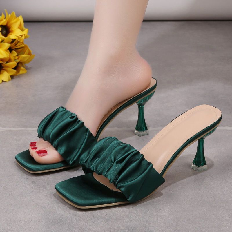 2025 Summer New One Word Slippers With Folded Suede Square Head Thin Middle Heel Cool Dragging Open Toe High Heels Women's Shoes For Outdoor Wear