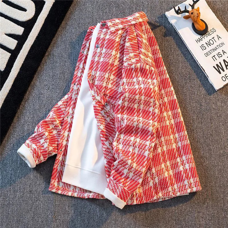 Vintage Plaid Kint Shirt For Men Autumn Winter Thick Long Sleeve Jacket Tops Coat Fashion Casual Hip Hop Oversized Shirts Male 250228