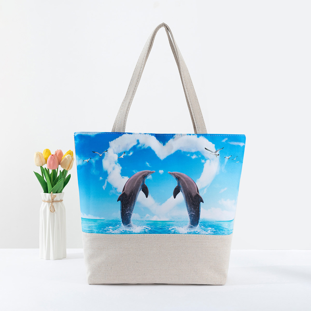 New women's beach large capacity linen digital shoulder bag, single-sided printed handbag #swissmilitary