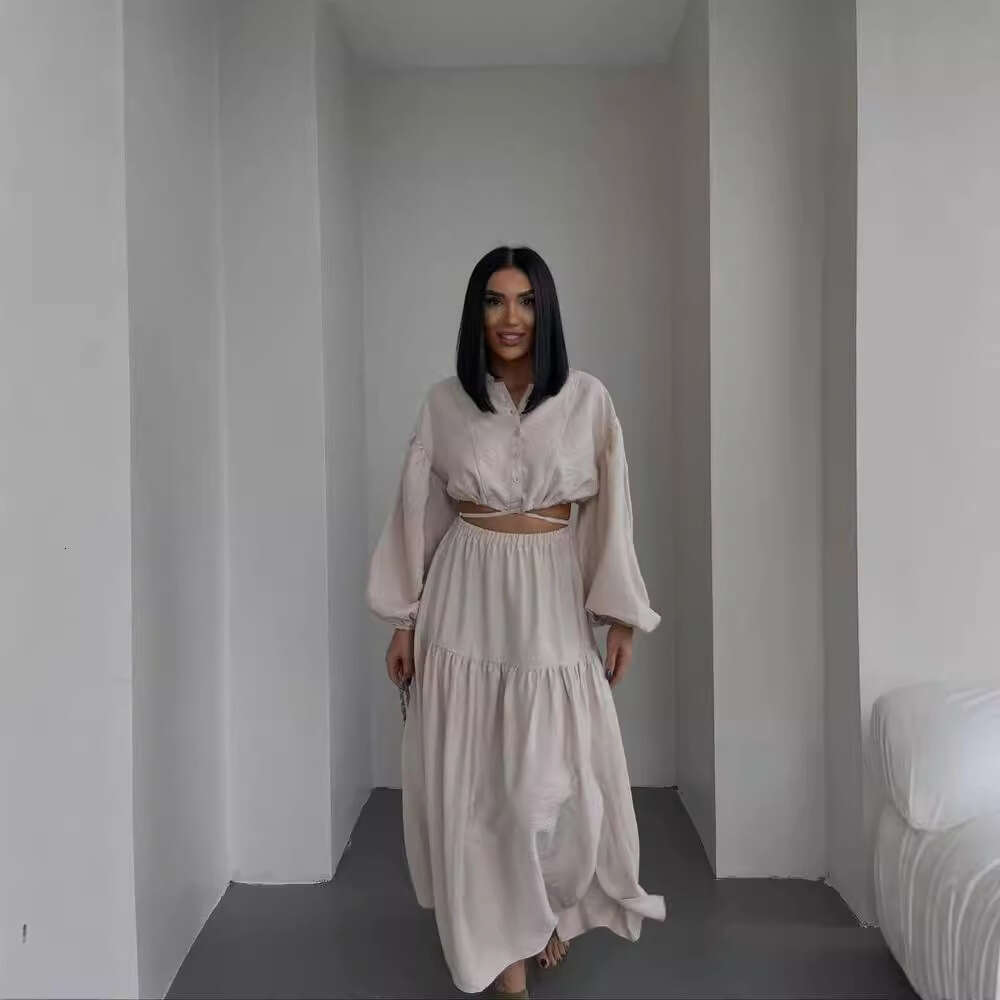 2024 European and American new lace up long sleeved top pleated split skirt set