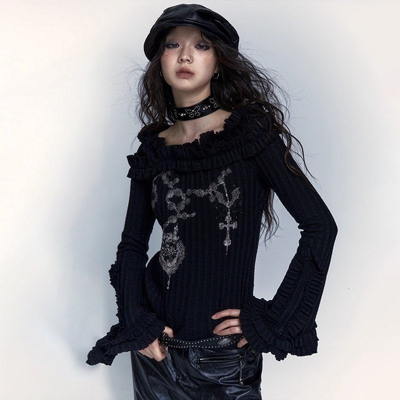 Karrcat Grunge Aesthetics Knitted Top Retro Shoulder Tattoo Printed Tshirt Punk Black Ribbed Gothic 250226